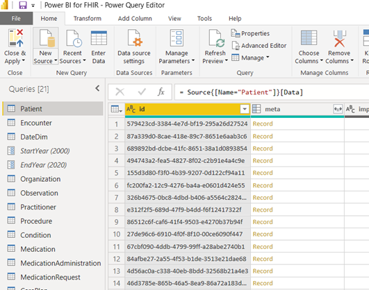 Power BI for FHIR - Power Query Editor Window